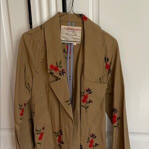 Cartonnier Anthropologie Tan Trench Coat with Red Floral Embroidery